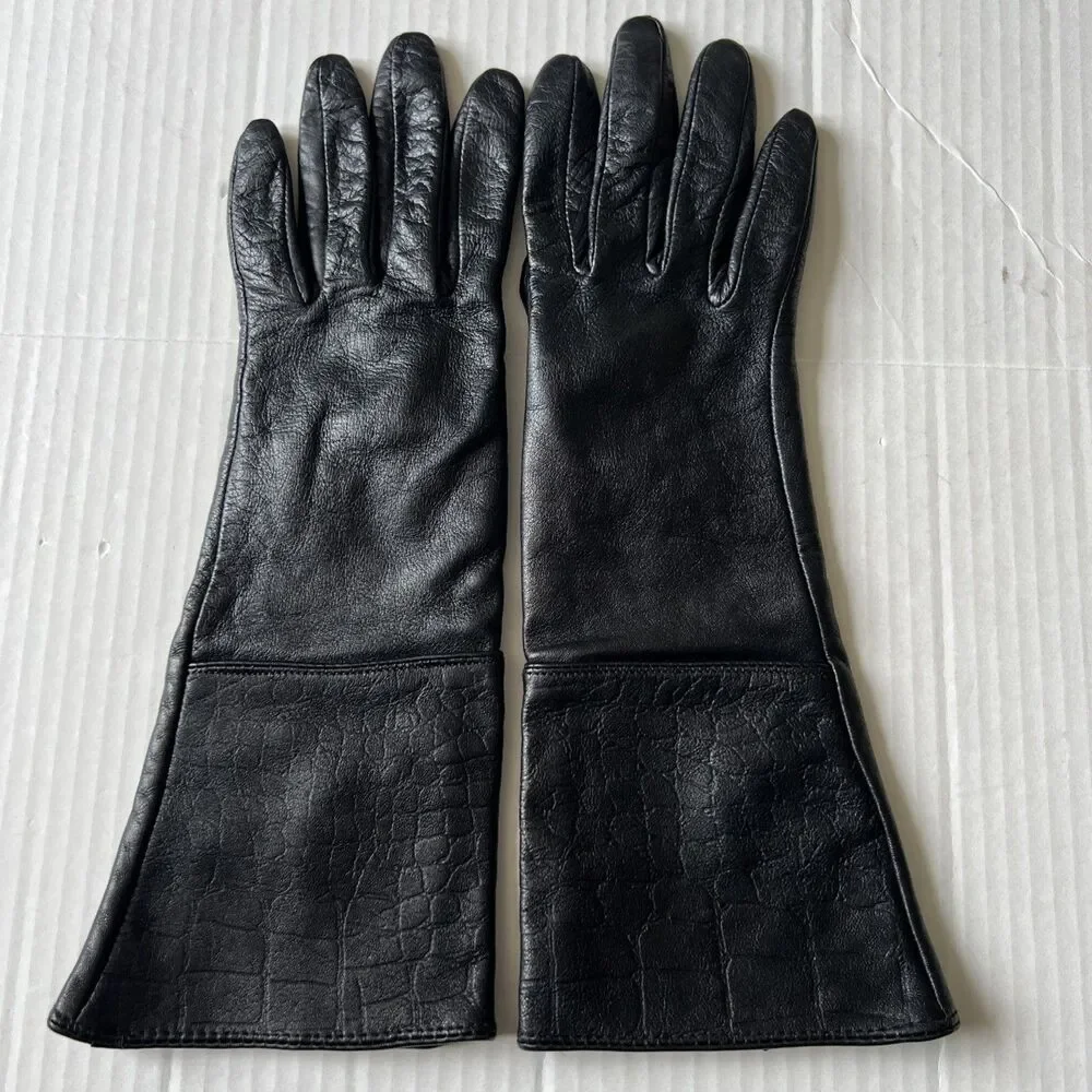 Simply Susan Gloves Womens S-M Black Leather Silk Long Fall VERY GOOD